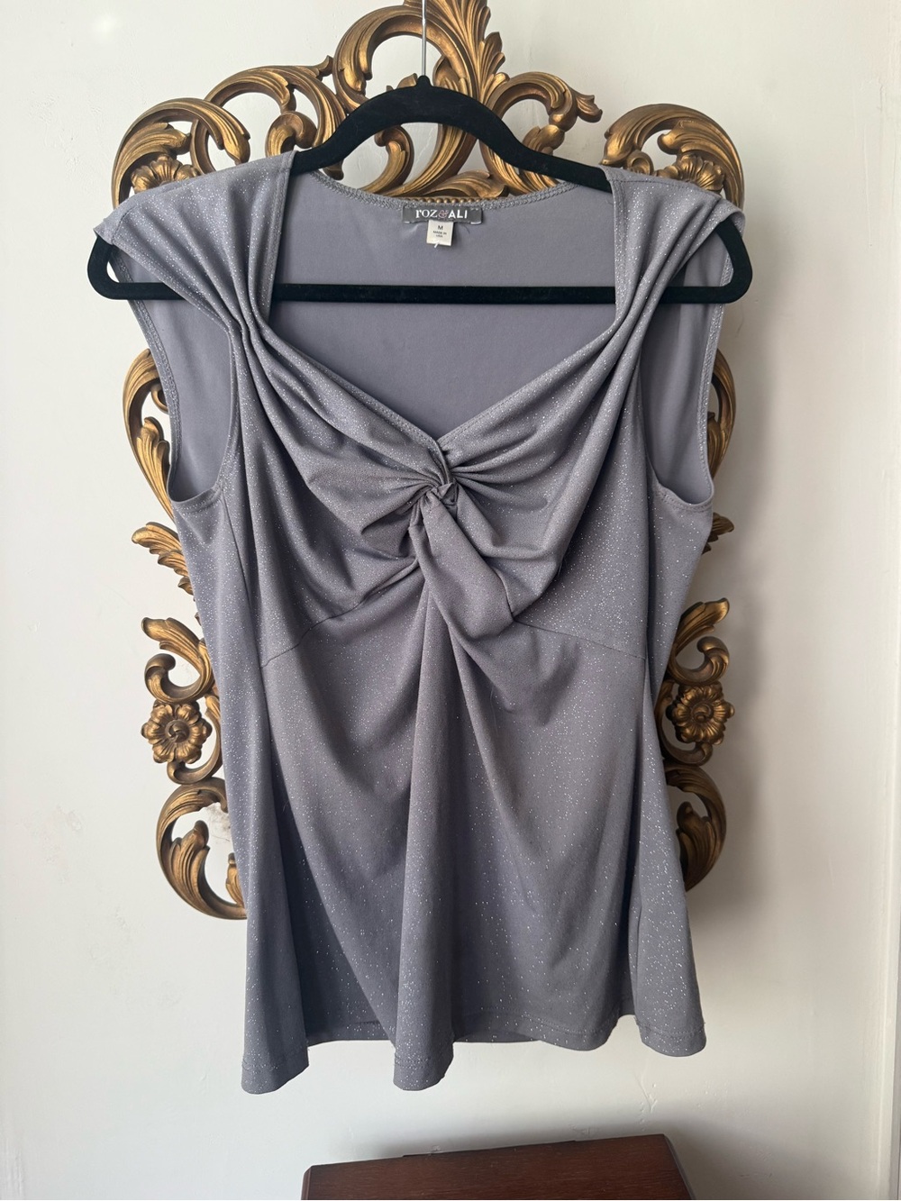 Roz & Ali Women's Silver/Purple Sparkly Y2K Knot-Front Sleeveless Top